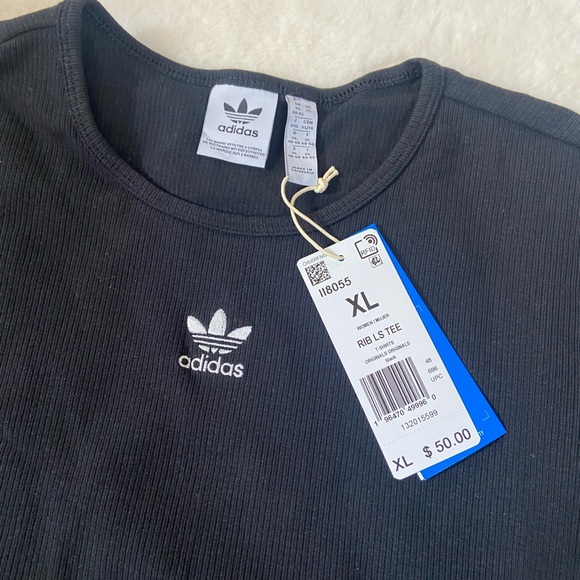 Adidas Originals Womens Size XL Black Ribbed Long Sleeve Crop T Shirt Trefoil - Picture 2 of 3